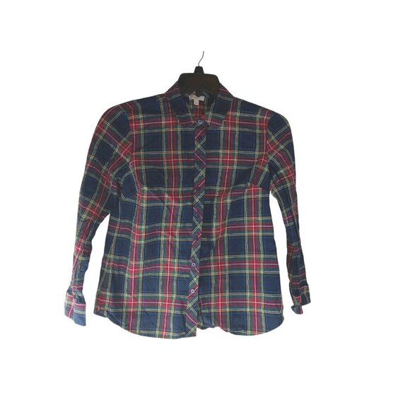 Talbots Shirt Womens Sz SP Petite By Navy Blue Red Tartan Plaid Button Up Cotton - Picture 1 of 10